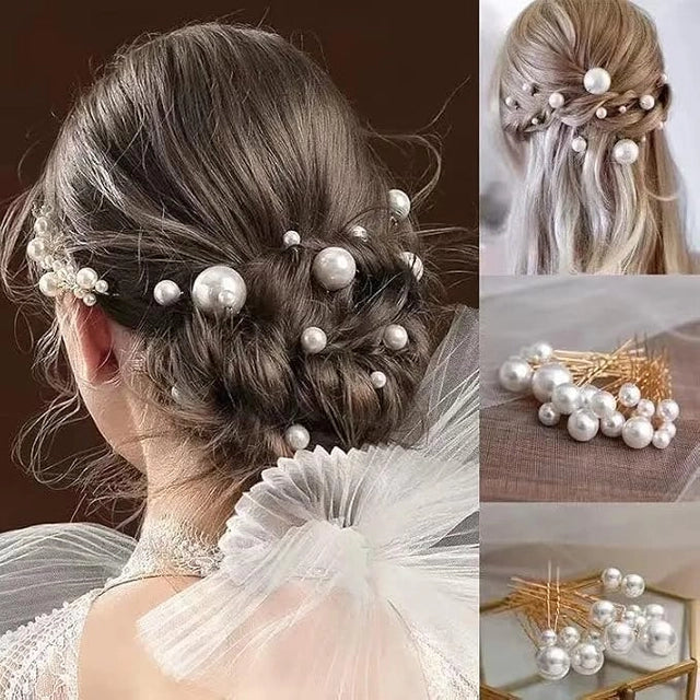 Bloom Impression Jewellery Pearl Bride Wedding Hair Pins - Sparkling Bridal Pearls Hair Accessories for Women and Girls - Elegant Silver Set (Pack of 18 Pcs)